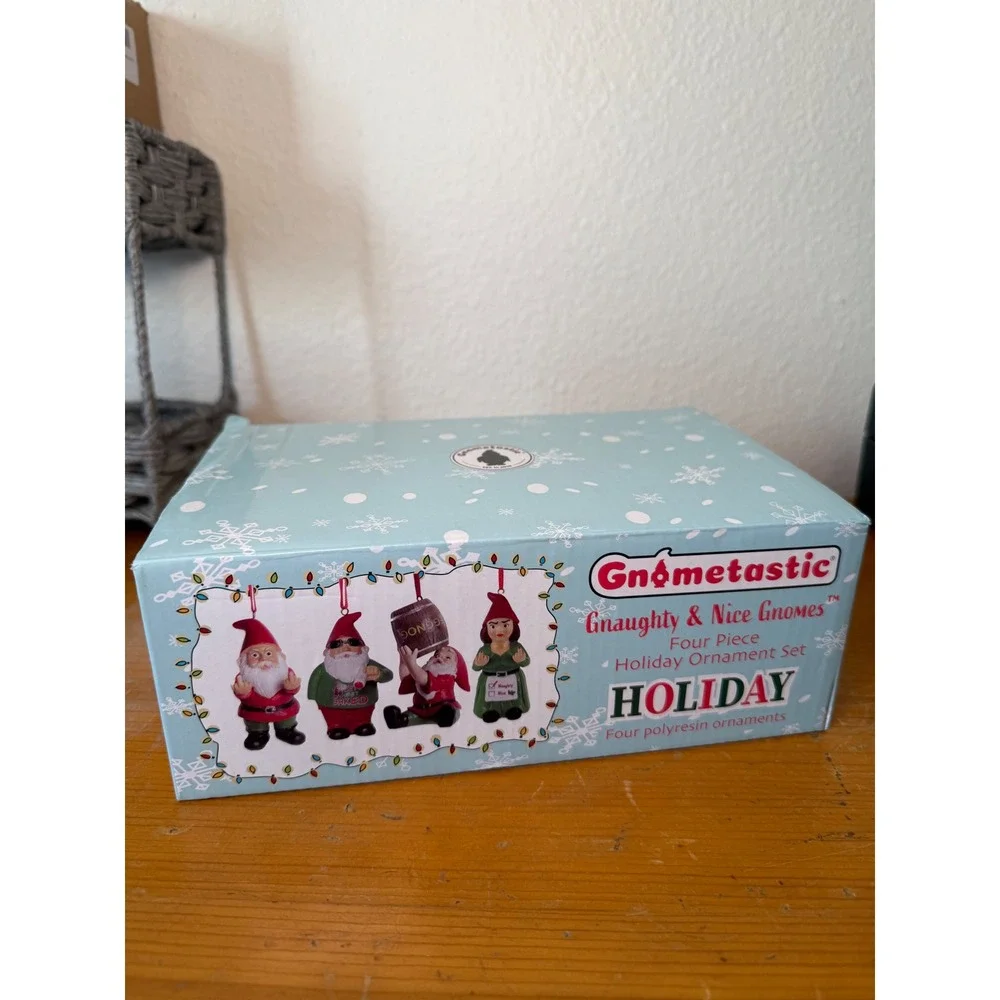 Gnometastic Gnaughty & Nice Gnomes 4 Pc Funny Christmas Ornaments NEW NIB